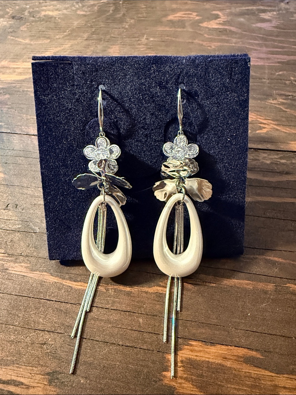 Elegant Silver Floral Drop Earrings with Ivory Hoops